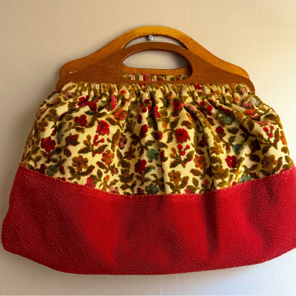Vintage 60’s/70s Inspired Chenille Floral Velvet Handbag Wood Handle Cottagecore